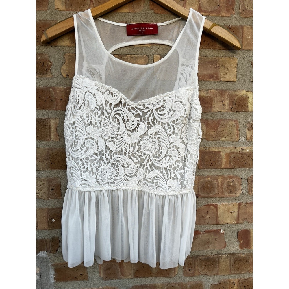 Akira Chicago Red Label White Lace Tank Top Cottagecore Romantic Sheer Blouse S